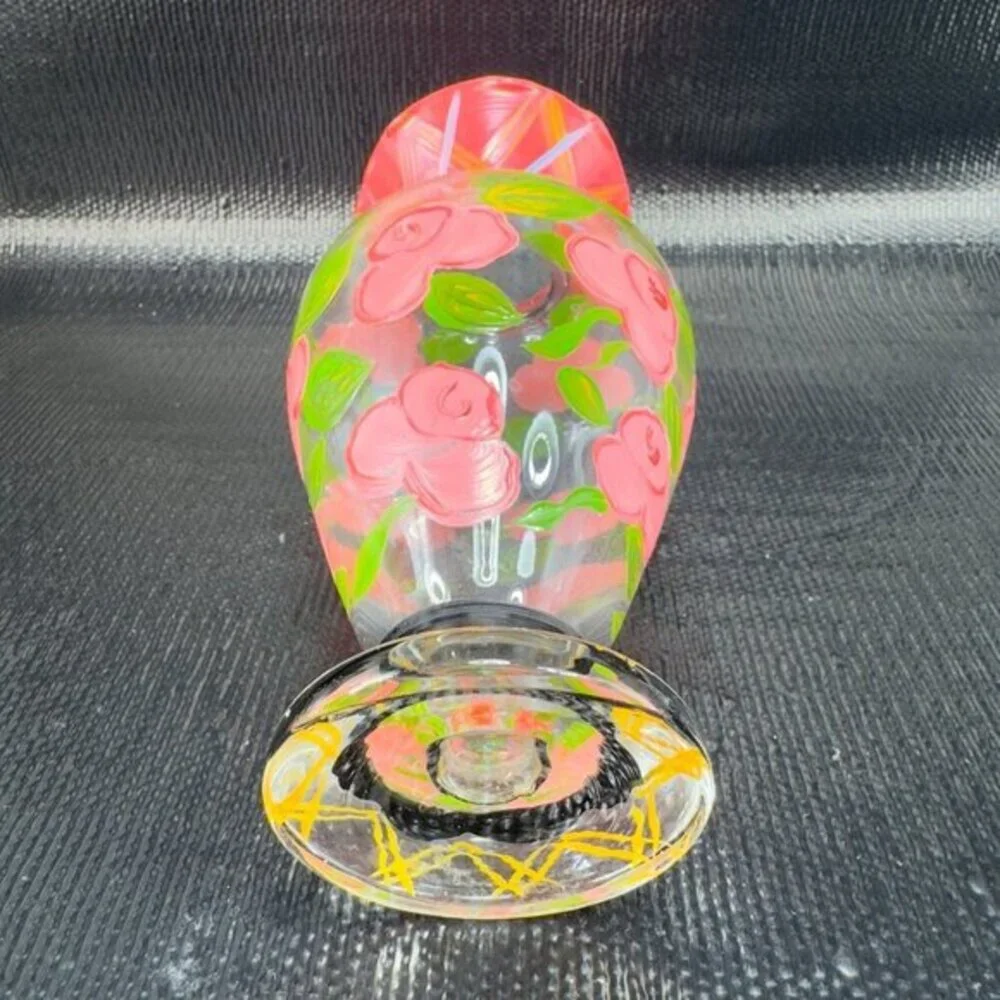 Vintage‎ Hand Painted Glass Vase Vessel Multicolored Red Rose Glass Decorative